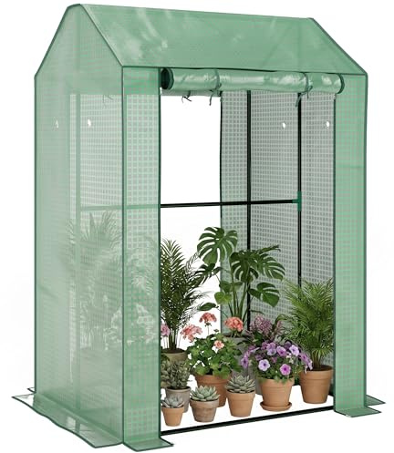 Outsunny Gewächshaus mit PE-Gitterfolie, Aufrollbare Tür Winterfest Foliengewächshaus aus Stahl, Treibhaus für Balkon, Garten, Tomatenhaus 100 x 80 x 150, Tomatengewächshaus für Tomaten Blumen, Grün