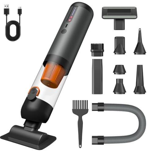 AIMAX sladdlös bildammsugare, 4-i-1 bärbar trådlös minidammsugare med 20 000Pa/120 W/40 min, 7 800 mAh batteri, 2 suglägen, sug och blåsfunktion, USB-C-snabbladdning i 2,5 h, för bil, kontorsbord