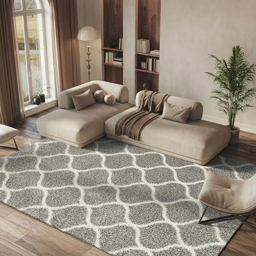 SAFAVIEH Hudson Shag Collection Area Rug - 6' x 9', Grey & Ivory, Moroccan Ogee Trellis Design, Non-Shedding & Easy Care, 2-inch Thick Ideal for High Traffic Areas in Living Room, Bedroom (SGH280B)