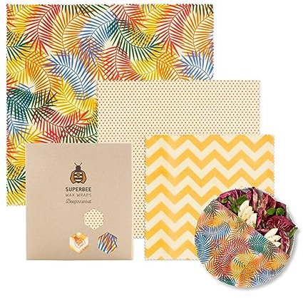 SuperBee Emballage de Cire d'abeille | Tropical Paradise | Ensemble de 3: Petit, Moyen et Grand | Emballage Alimentaire Réutilisable Écologique | Commerce Éthique