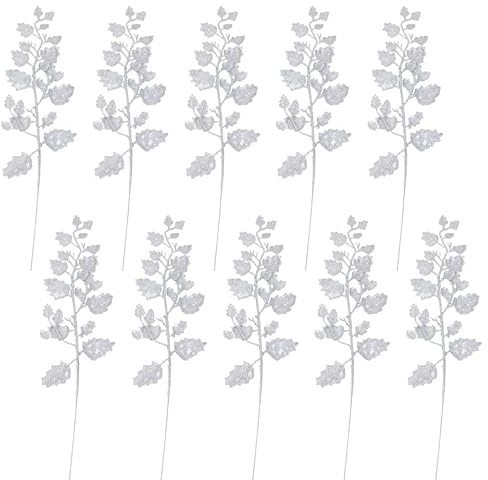 Tomaibaby 10PCS Artificial Silver Glitter Leaves Spray Picks, Fake Floral Leaf Branches for Christmas Tree, Wreath and Floral Arrangement, Winter Xmas Home Decor DIY Craft