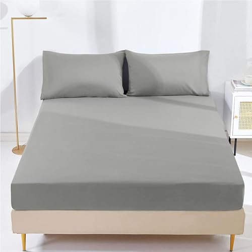 AR Ware 25 cm Double Fitted Sheet - Super Soft Wrinkle Free Microfiber Bed Sheets - Non Iron Breathable Plain Dyed Fitted Sheets (Grey)