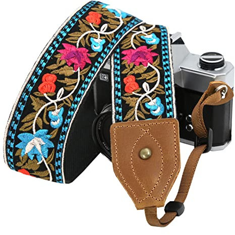 Padwa Lifestyle Camera Strap - 2 Wide Classic Vintage Crazy Horse Arts Cowhide Head Cotton Embroidered Universal Neck Shoulder & Crossbody Camera Straps for Photographers Gift and All DSLR Cameras