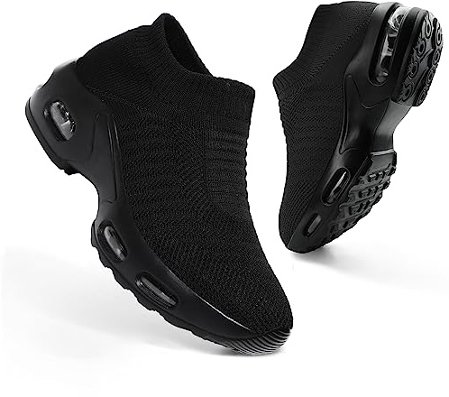 Womens Trainers Ladies Shoes Slip on Casual Air Cushion Sneakers Mesh Breathable Arch Support Walking Shoes(C Black,38EU)
