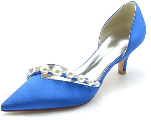 Hanfike Scarpe da sposa da donna Slip-on tacco basso sera prom pompe con perla JY045, Blu reale, 42 EU