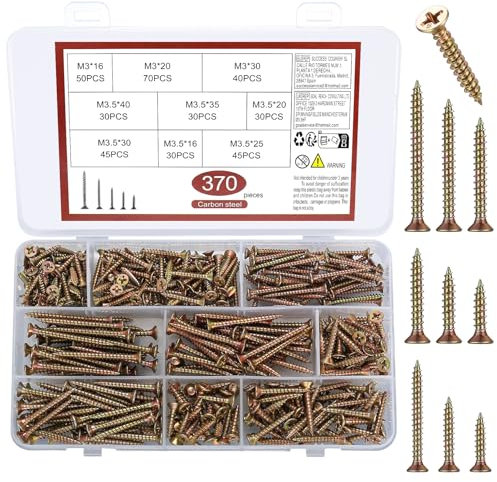 370 pièces M3/M3.5 Vis autotaraudeuses, Vis à tête plate pour plaques de plâtre cruciformes, vis autoperceuses pour bois, vis galvanisées assortiment - M3/M3.5x (16/25/30/35/40/50 mm)