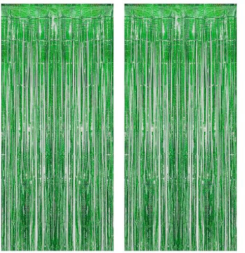 Torytoe Cortina metálica de 2 Piezas de Verde Brillante Cortinas de Oropel Metálicas, Cortina Lámina Franjas con Flecos, Cortina de Borla Decoracion Bodas, Telón de Fondo Fotos (1m x 2m)