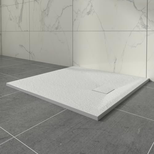 Aquariss White 900x900mm Square Shower Tray with Waste Trap Slate Effect Slip-Resistant Cubicle Base for Bathroom Enclosures Wetroom