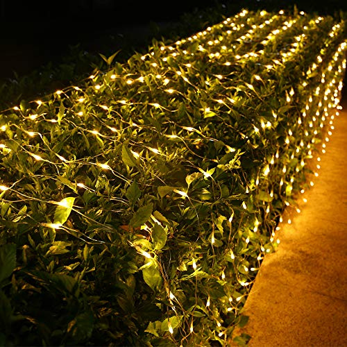 Joomer Christmas Net Lights - 12FT x 5FT 360 LED Plug-in Mesh Lights, Waterproof with 8 Modes, Timer, Connectable for Bushes, Trees, Garden, Outdoor Christmas Decor (Clear Wire, Warm White)