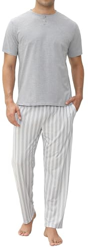 TeJoyce Pigiama Uomo Cotone, Completo Pigiama con Pantaloni A Righe con Tasche E Maglia A Maniche Corte con Bottoni,Pigiama Due Pezzi, Morbido Loungewear per Uomo