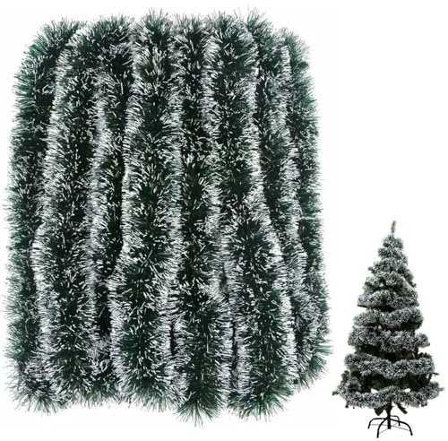 10M Christmas Tinsel Green,Snow White Dark Green Tinsel Garland Christmas Tree Decorations Xmas Thick Fluffy Strands Hangin Extra Long Garlands Decoration for Chrismas Party Indoor Outside Door Stairs