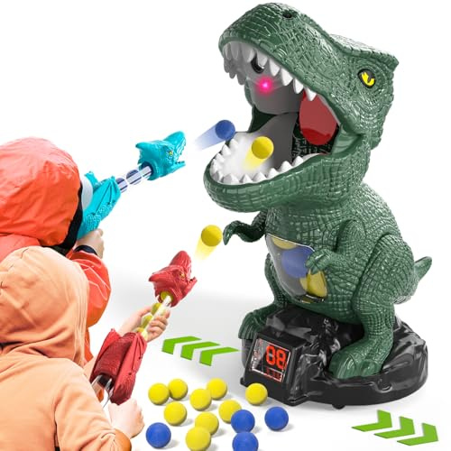 BLmukce Juego de diana de dinosaurio móvil, juguete de tiro para niños, juguete de dinosaurio, juego al aire libre, juguete para niños, regalo para niños 4, 5, 6, 7 años, 2 pistolas popper, 48 bolas