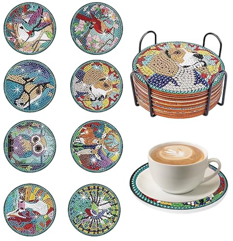 Aohyue 8 Unidades Pintura con Diamantes Animales Posavasos con Soporte, Kit 5D Diamantes Pintura con Diamantes Adultos, para Bebidas, Café y Té de Bar, Manualidades para Adultos y Niños