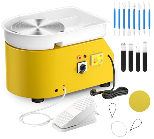 Electric Pottery Wheel, 350W & 25CM Aluminum Turntable Pottery Wheel with Removable ABS Basin, Foot Pedal and Shaping Tools, Pottery Wheel Forming Machine for DIY and Pottery Studio (Yellow)