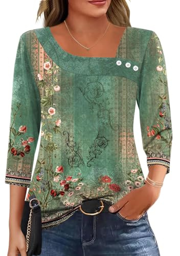 Kistore Chemisier à Manches 3/4 et Col Asymétrique pour FemmeTunique D’été élégante Style Décontracté Professionnel(Fleur Verte Rétro,M)