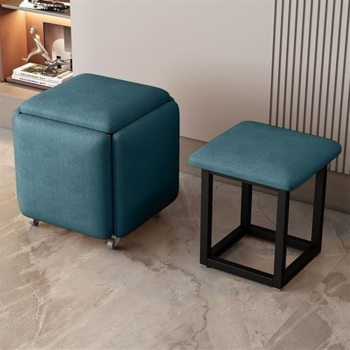 Asiento de cubo giratorio 5 en 1 con ruedas giratorias, otomana apilable y taburetes, reposapiés móvil para sala de estar y dormitorio, diseño compacto de piel de napa azul