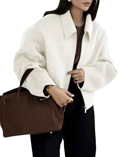 BQDCQB Womens Cropped Wool Jacket Warm Winter Fleece Bomber Jacket Zip Up Short Pea Coats with Pockets(Beige-M)