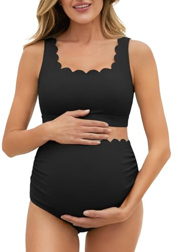 Jarden Tales Scalloped Maternity Bikini Swimsuit Two Piece High Waisted Bathing Suit Bow Tie Back Pregnancy Swimwear Black 6-8