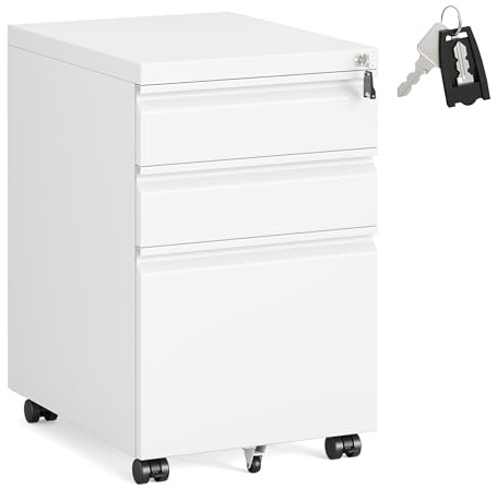SONGMICS Mobile per Documenti a 3 Cassetti, Cassettiera da Ufficio in Metallo, Acciaio, 3 Cassetti con Serratura, Supporto con Ruote per Stampante, 39 x 50 x 62 cm, Bianco Opaco OFC033W101