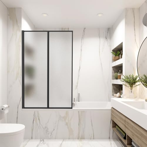 Vkechh Mampara para bañera 100×140 cm, 2 piezas Plegable de plástico PS resistente a roturas, mampara con marco de aluminio negro, accesorio para bañera con protección contra salpicaduras con textura