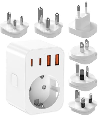Reiseadapter Weltweites Set, Reisestecker mit 8 Abnehmbare Stecker Travel Adapter, Universal Steckdosenadapter, mit USB C (PD 20W), mit Schalter, für UK/Italien/Südafrika/EU/USA/Swiss