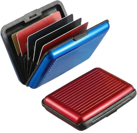 RFID Blocking Credit Card Holder 2 Pack – Aluminium Card Wallets for Men & Women, Metal ID Organiser Wallet with 6 Slots, Red & Blue, Slim Travel Credit Card Protector & Card Holder, Compact Gift Set