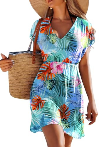 Dokotoo Beach Coverups for Women Floral Sheer Short Sleeve Dresses Blue L