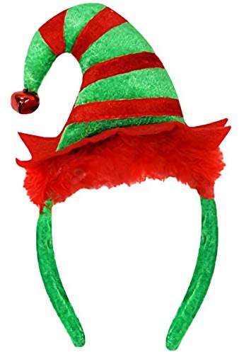 I LOVE FANCY DRESS MINI ELF Hut AM Stirnband FÜR Damen - GRÜN UND ROT GESTREIFTER ELFENHUT MIT SCHELLE AN GRÜNEM Stirnband - KOSTÜMZUBEHÖR FÜR Weihnachten (Packung MIT 1)