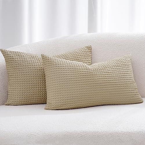 PHF 100% Cotton Waffle Weave Lumbar Pillow Cover 12 x 20, No Filling, 2 Pack Elegant Home Decorative Rectangle Throw Pillow Covers for Bed Couch Sofa, Khaki