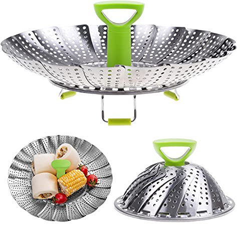Kare & Kind 1x Adjustable Steamer Basket - Extendable Stainless Steel Steamer with Center Handle - 5.1 to 9 - Foldable Feet - Can Fit Different Sizes of Pots, Pans and Pressure Cookers