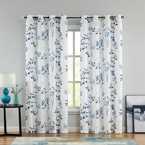 Beauoop Navy Blue Floral Linen Semi Sheer Curtains 90Inch Drop 2 Panels