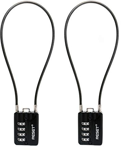 RESET-200 Candado de Combinación de 4 Dígitos con Cable de Acero de 50 cm, Candado de Alta Seguridad para Equipaje, Maleta, Estuche de Armas, Caja de Herramientas, Casco, Negro, Paquete de 2