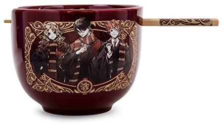 Harry Potter Anime Trio Japanese Ceramic Dinnerware Set | Includes 20-Ounce Ramen Noodle Bowl and Wooden Chopsticks | Asian Food Dish Set for Home & Kitchen | Wizarding World Hogwarts Gifts