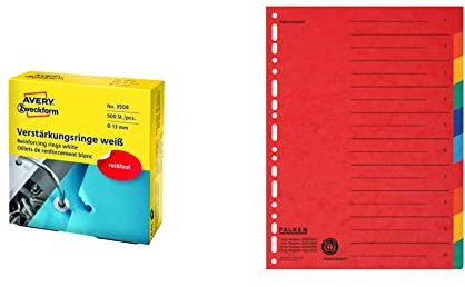 AVERY Zweckform 3508 Lochverstärker selbstklebend 500 Stück (Ø13mm, Lochverstärkungsringe auf Rolle) weiß & Original Falken Karton-Register überbreit für DIN A4+ 24,5 x 30 cm volle Höhe