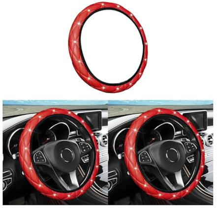 JNNJ Couvre Volant Universelle, Anti-Dérapant Couvre Volant Bling Diamant Glitter, Housse en Cuir avec Strass en Cristal, 37-38cm Protege Volant Voiture à Paillette Diamant pour Femmes(Rouge)
