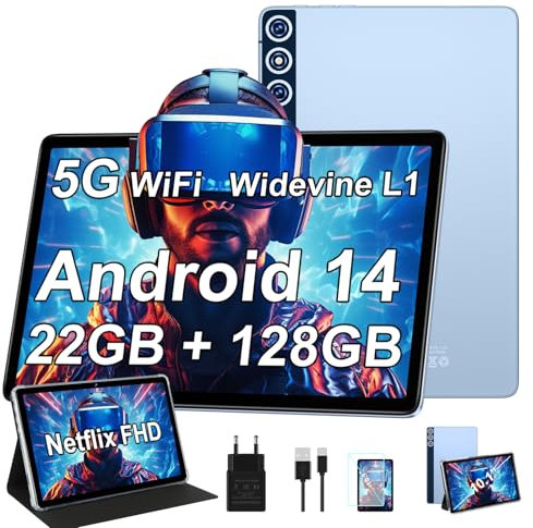 ZIOVO Tablet 10 Zoll mit 22GB RAM+128GB ROM (1TB TF), Android 14 mit 5G WLAN | Widevine L1 | Octa-Core 2.0 GHz | GMS | 8000mAh | FHD 1280 * 800 | 5+8MP | BT 5.0 | AGPS | Tablet mit Case - Blau