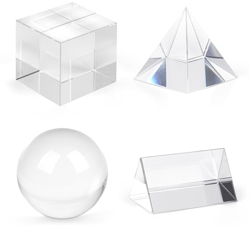 Winter Shore 4 Pezzi Set Fotografico Cristallo - Sfera di Cristallo, Cubo, Piramide, Prisma Triangolare in Vetro Ottico K9 - Accessori Geometrici per Insegnare, Giocare, Decorazioni, Scatti Creativi