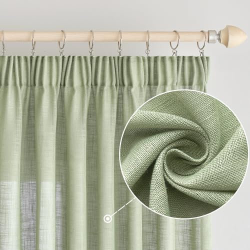 EMEMA Gardinen Vorhänge Leinenvorhang mit Kräuselband Voile Vorhang Leinenoptik Modern Halbtransparent für Wohnzimmer Dekoschal Küchengardinen Schlaufenschal Schlafzimmer Grün 140 x 245 cm