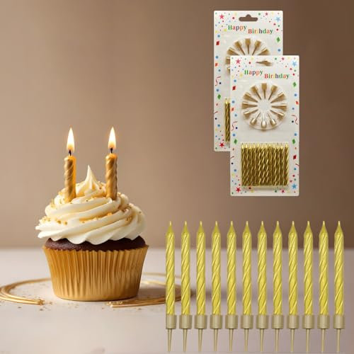 Birthday Candles, Gold Birthday Candles for Cakes, Pack of 12 Party Spiral Candles with Gold Candle Holders, Candles for Wedding, Birthday, Party Decorations, Anniversary and Meetups