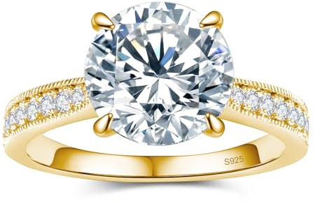 BAGUTTA PAVONE Round Moissanite Engagement Rings for Women, Women's 925 Sterling Silver with 18K Yellow Gold Plated Promise Rings for Her,D Color VVS1 Wedding Bands Moissanite Ring 1.5CT Size 7