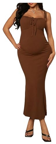 OYOANGLE Women's Maternity Drawstring Front Cami Dress Ribbed Knit Bodycon Midi Dresses Brown X-Large