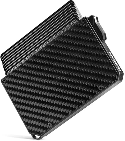 MYSHION Metall Kartenetui Herren mit Geldklammer, Minimalist Pop-Up Slim Wallet, RFID Schutz, Karten Portemonnaie mit Aufhängeloch, Aluminium Card Holder für 6–8 Karten - Kohlefaser