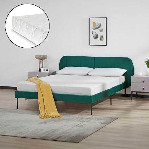 [en.casa] Lit Capitonné avec Matelas à Mousse Froid Lit Double avec Sommier à Lattes Tête de Lit Rembourré Capacité de Charge 220 kg Bois de Pin Contreplaqué Polyester 140 x 200 cm Vert Foncé