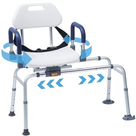 Helivora Sliding Shower Chair Tub Transfer Bench with Swivel Seat, Rotating Bathtub Bench with Pivoting Armrests and No-Slip Suction Cups for Elderly and Disabled