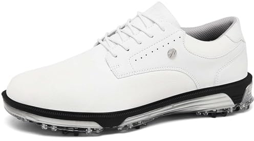 Hiuzylqx Zapatos de Golf Impermeables para Hombre con Clavos, Ligeros y cómodos para Entrenamiento Golf al Aire Libre,Blanca,46 EU
