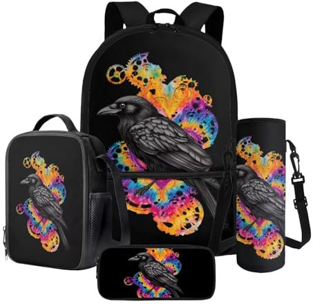 Poceacles Ensemble cartable 4 pièces pour garçons avec trousse à crayons, sac à dos de grande capacité, sac à déjeuner, porte-bouteille d'eau pour enfants, Impression mécanique de roue d'engrenage de