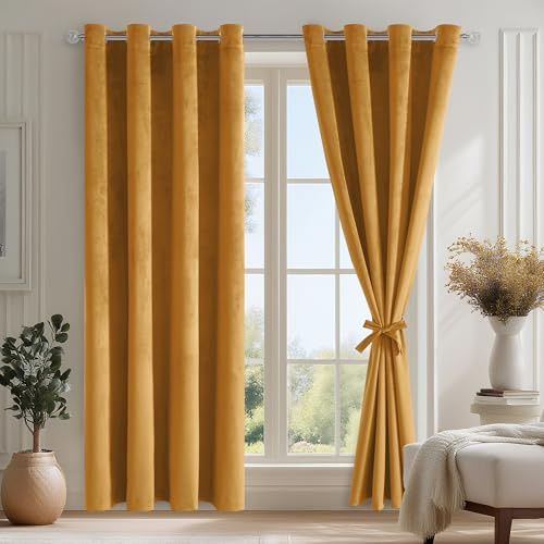DWCN Cortina De Terciopelo Semiopaca, B140 X H225 cm, 2 Unidades, Lujurious Moderna Y Suave con 2 Abrazos, Opaca Térmica Aislante Anticalor Aterciopelado para Dormitorio, Amarillo Mostaza