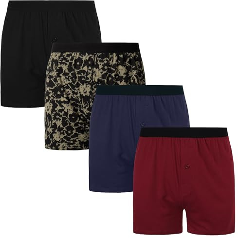 INNERSY Mens Boxers Loose Fit 100 Cotton Underpants Baggy Underwear Trunks Button Fly 4 Pack (XXL, Black/Navy/Wine/Pattern)