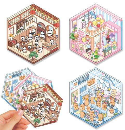 3D Vinyl Scenes Sticker for Adults, 3Set Self-Adhesive Transparent Miniature Kawaii Stickers, Scrapbook Supplies for DIY Card, Water Bottle, Envelope Decoration. 3-4-5