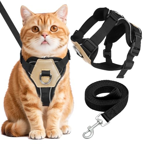 Katt bröstsele, kattsele med kattkoppel, går inte sönder med reflekterande ränder, mjukt porslin, kattkoppel med sele för katter, för promenader, resor (svart, M)